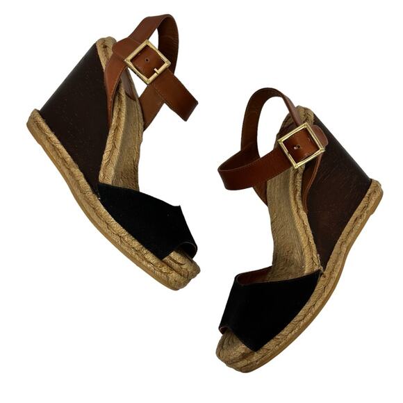 TORY BURCH CANVAS BROWN BLACK GOLD WOMEN WEDGE HEEL SANDALS SIZE 6 NO BOX - Picture 1 of 9